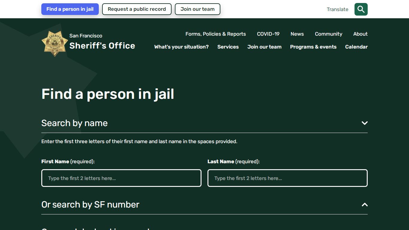 Find a person in jail | San Francisco Sheriff's Department